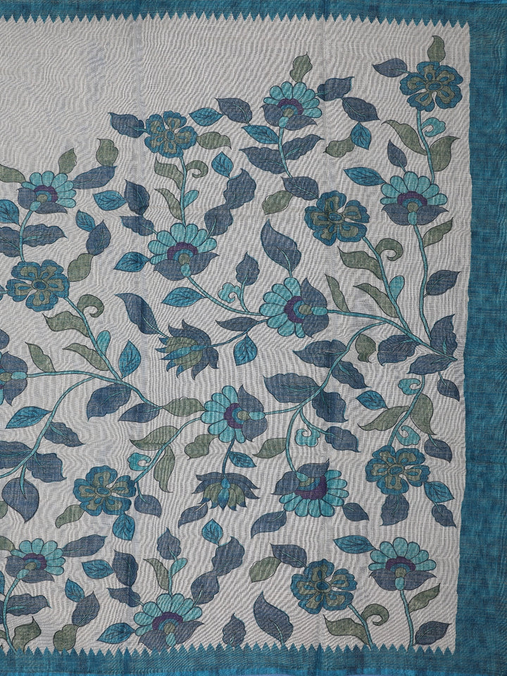 Teal Blue Kalamkari Inspired Floral Printed Cotton Saree - Diadem