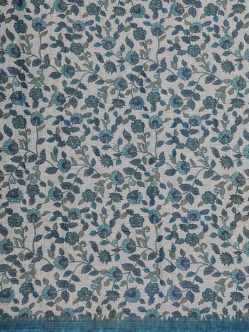 Teal Blue Kalamkari Inspired Floral Printed Cotton Saree - Diadem