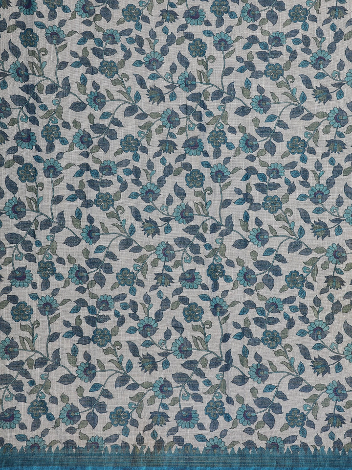 Teal Blue Kalamkari Inspired Floral Printed Cotton Saree - Diadem