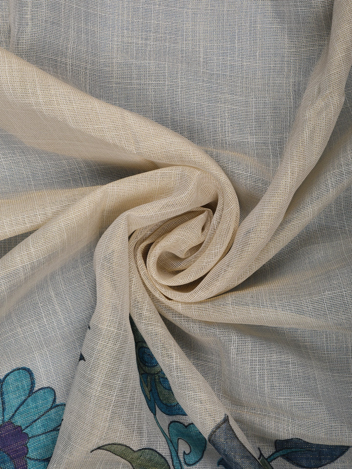 Teal Blue Kalamkari Inspired Floral Printed Cotton Saree - Diadem
