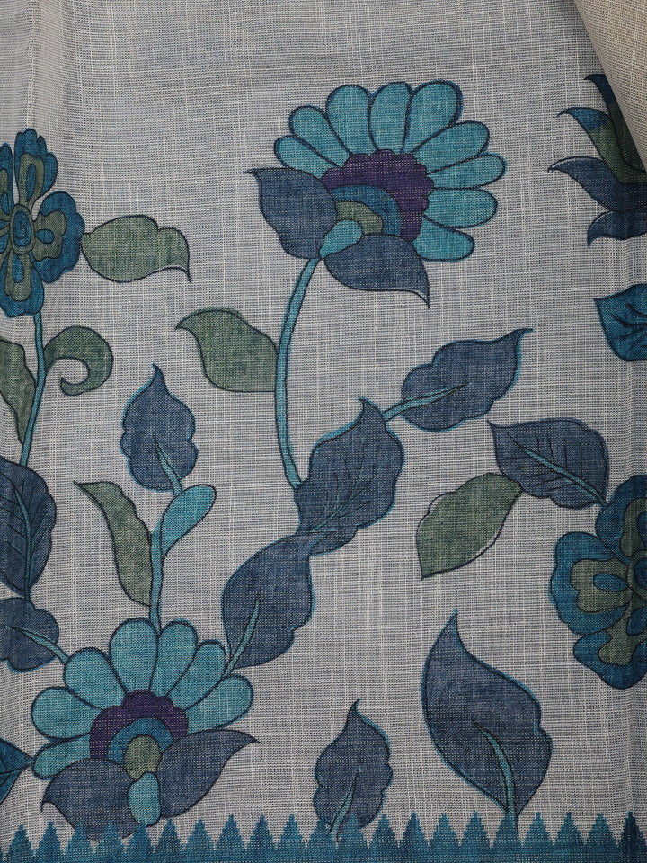 Teal Blue Kalamkari Inspired Floral Printed Cotton Saree - Diadem