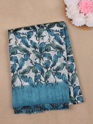 Teal Blue Leafy Prints Fancy Cotton Saree - Diadem