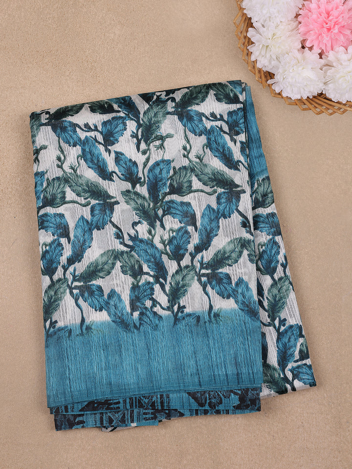 Teal Blue Leafy Prints Fancy Cotton Saree - Diadem