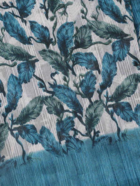 Teal Blue Leafy Prints Fancy Cotton Saree - Diadem