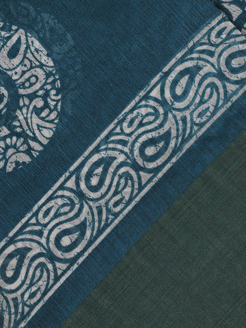 Teal Blue Paisley Circle Motif Printed Cotton Saree - Diadem