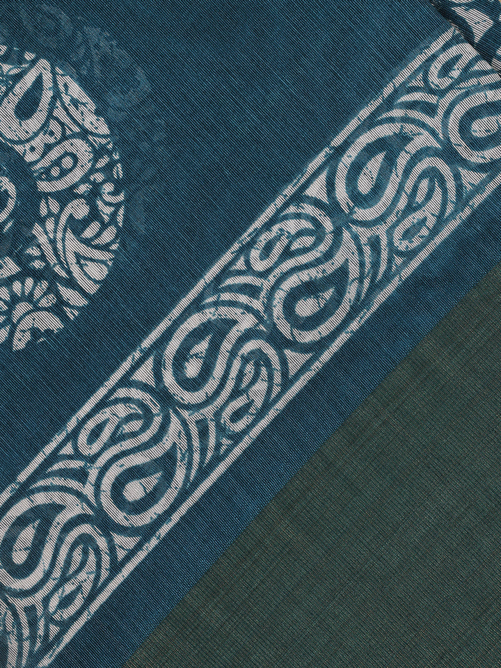Teal Blue Paisley Circle Motif Printed Cotton Saree - Diadem