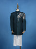 Teal Blue Pollyester Floral And Birds Embroidery Sherwani And Pant Set - Diadem