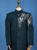 Teal Blue Pollyester Floral And Birds Embroidery Sherwani And Pant Set - Diadem