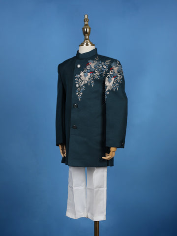Teal Blue Pollyester Floral And Birds Embroidery Sherwani And Pant Set - Diadem