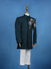 Teal Blue Pollyester Floral And Birds Embroidery Sherwani And Pant Set - Diadem