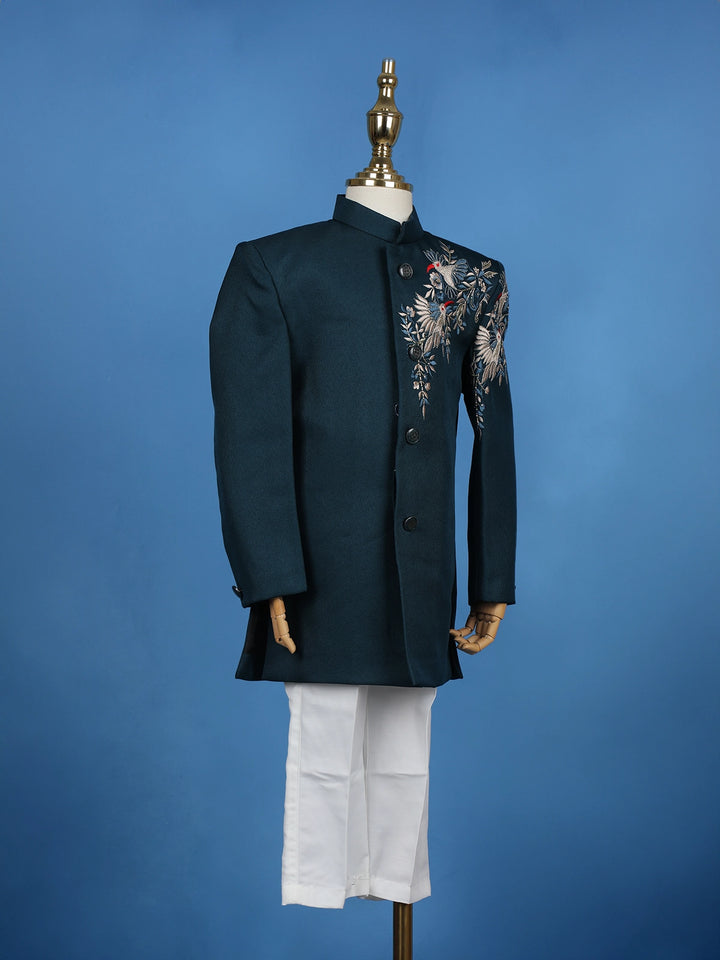 Teal Blue Pollyester Floral And Birds Embroidery Sherwani And Pant Set - Diadem