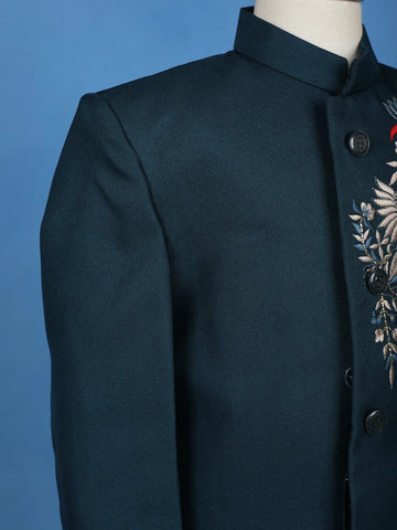 Teal Blue Pollyester Floral And Birds Embroidery Sherwani And Pant Set - Diadem