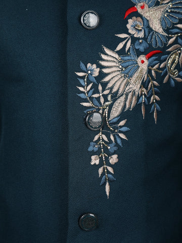 Teal Blue Pollyester Floral And Birds Embroidery Sherwani And Pant Set - Diadem