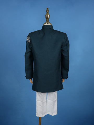 Teal Blue Pollyester Floral And Birds Embroidery Sherwani And Pant Set - Diadem