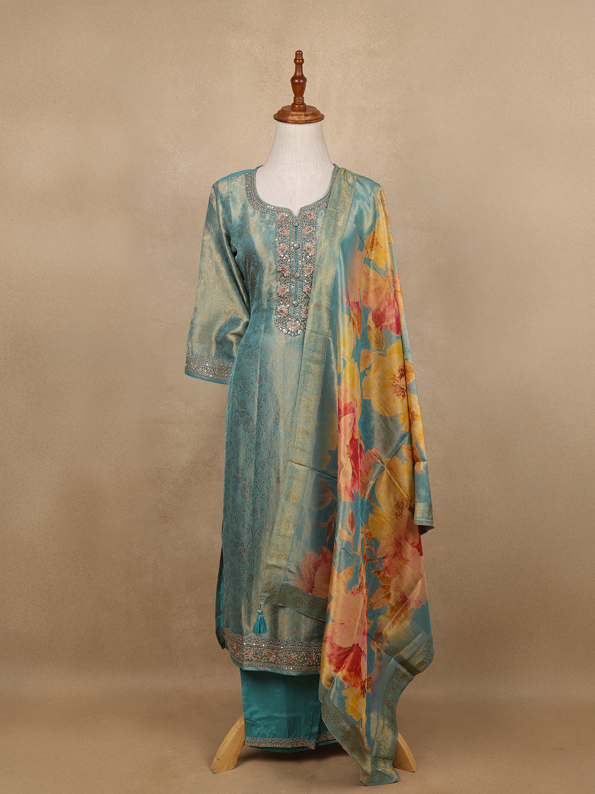 Teal Blue Sequins Design Floral Printed Banarasi silk Salwar Suit - Diadem