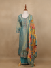 Teal Blue Sequins Design Floral Printed Banarasi silk Salwar Suit - Diadem