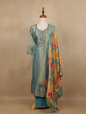 Teal Blue Sequins Design Floral Printed Banarasi silk Salwar Suit - Diadem