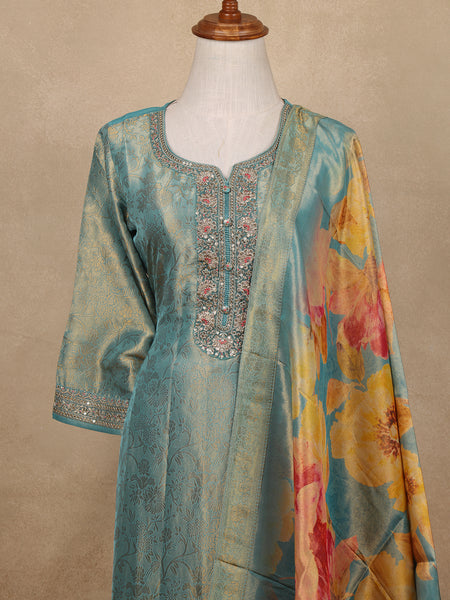 Teal Blue Sequins Design Floral Printed Banarasi silk Salwar Suit - Diadem