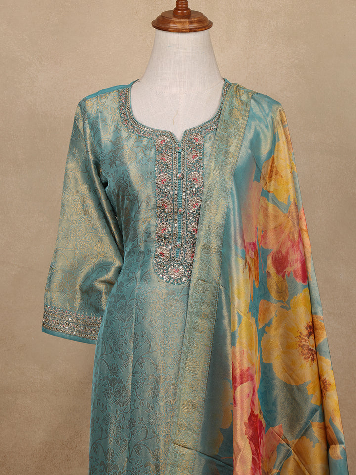 Teal Blue Sequins Design Floral Printed Banarasi silk Salwar Suit - Diadem
