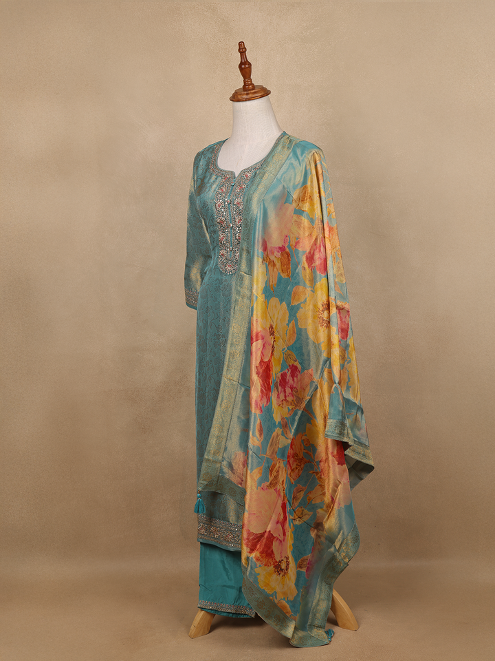 Teal Blue Sequins Design Floral Printed Banarasi silk Salwar Suit - Diadem