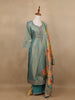Teal Blue Sequins Design Floral Printed Banarasi silk Salwar Suit - Diadem