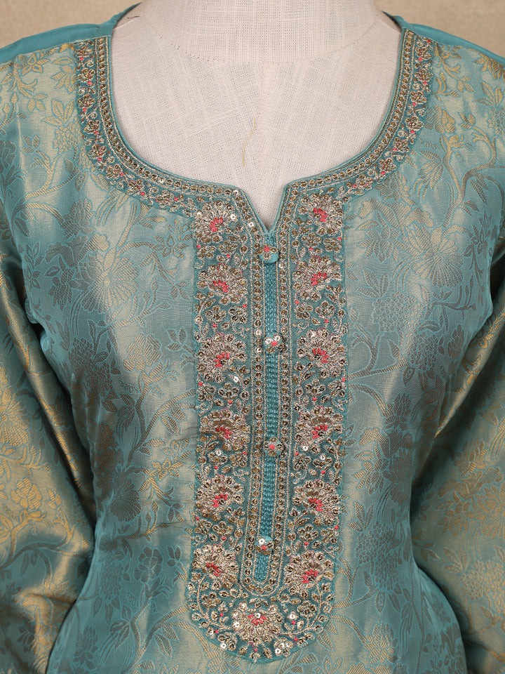Teal Blue Sequins Design Floral Printed Banarasi silk Salwar Suit - Diadem