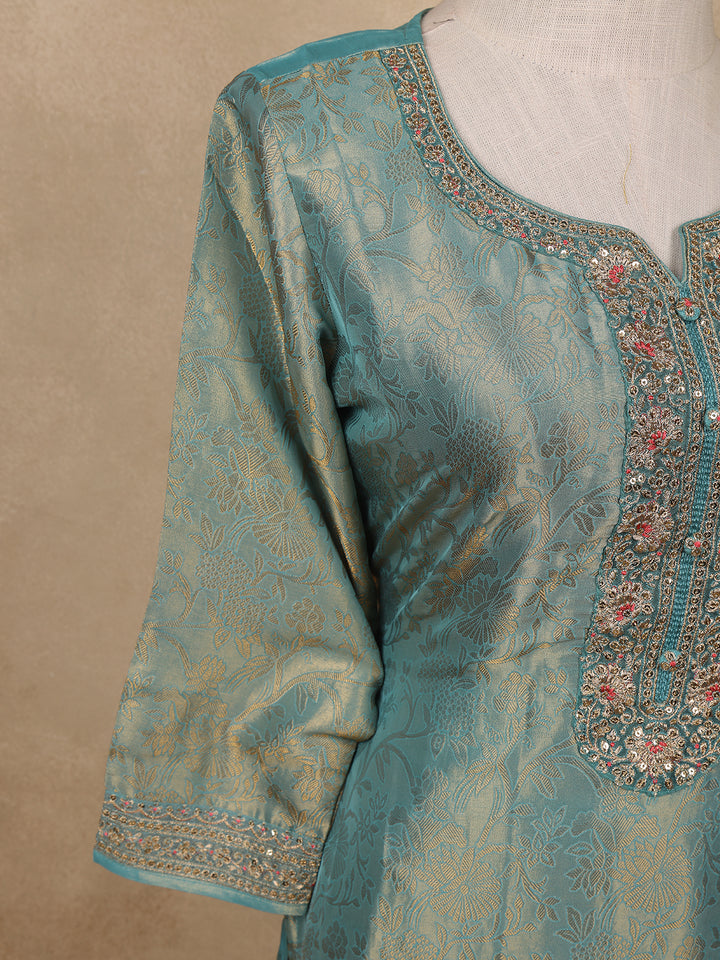 Teal Blue Sequins Design Floral Printed Banarasi silk Salwar Suit - Diadem