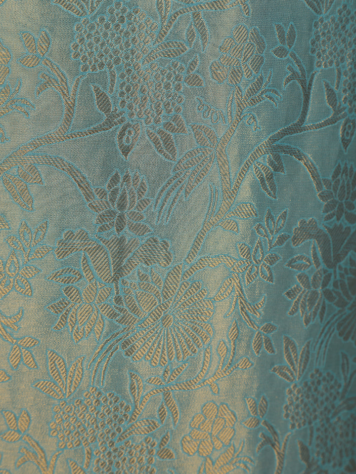 Teal Blue Sequins Design Floral Printed Banarasi silk Salwar Suit - Diadem