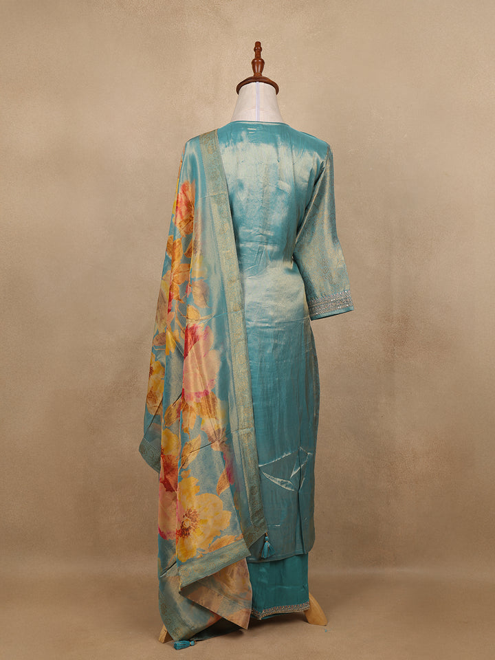 Teal Blue Sequins Design Floral Printed Banarasi silk Salwar Suit - Diadem