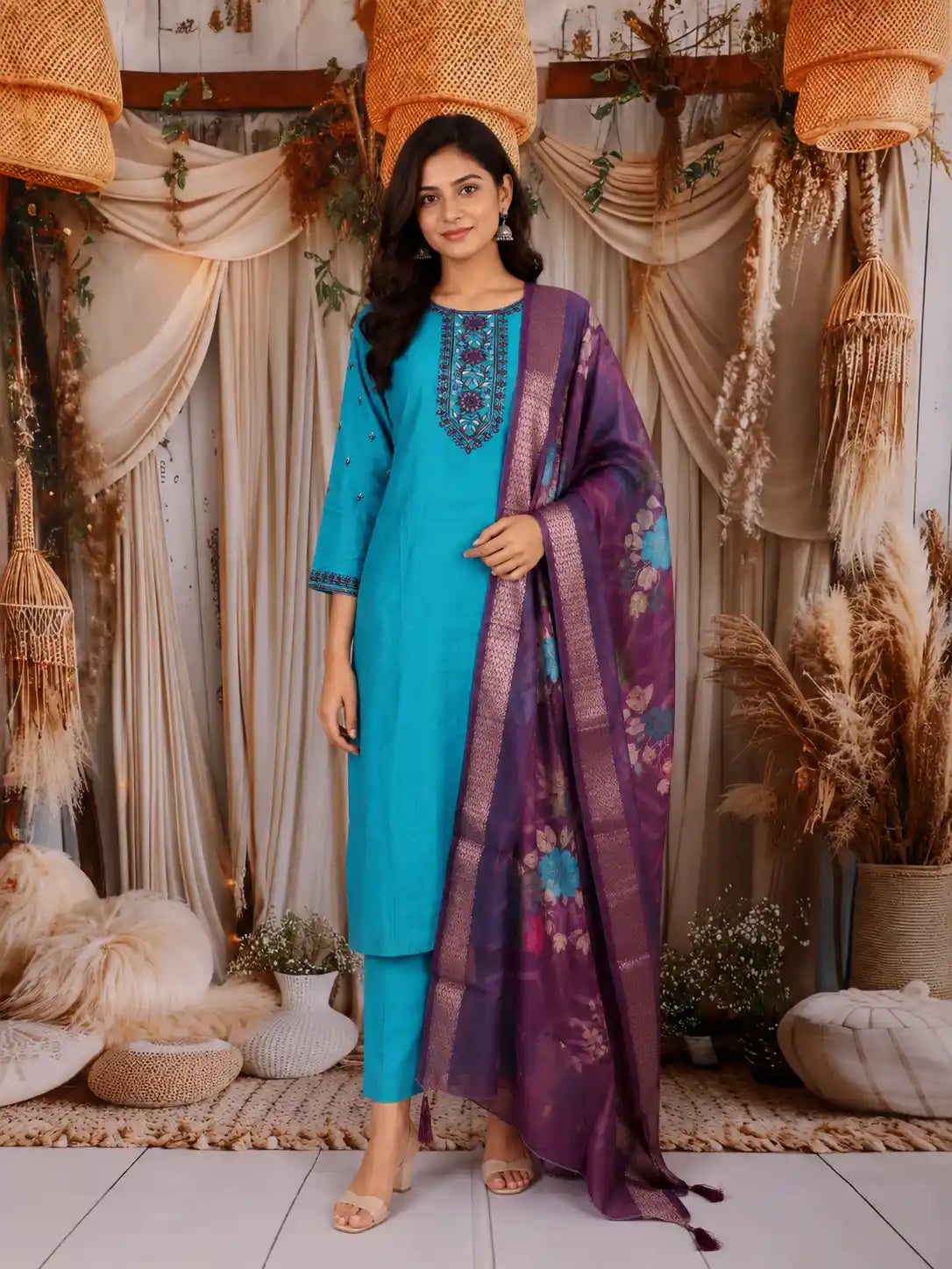 Teal Blue Solid Design Cotton Straight-Cut Salwar Suit with Floral Dupatta