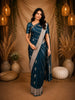 Teal Blue Stripes And Floral Woven Banarasi Silk Saree With Zari Border
