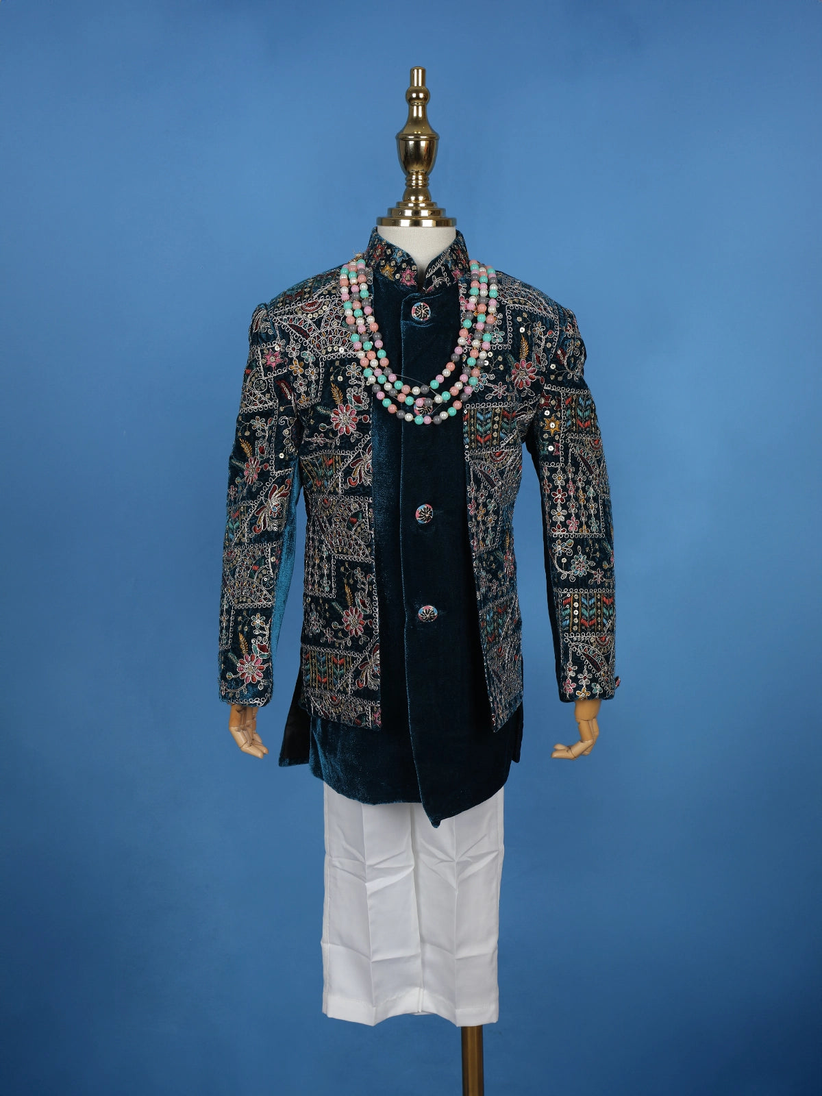 Teal Blue Velvet Floral Embroidery Sherwani And Pant Set - Diadem