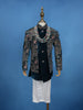 Teal Blue Velvet Floral Embroidery Sherwani And Pant Set - Diadem