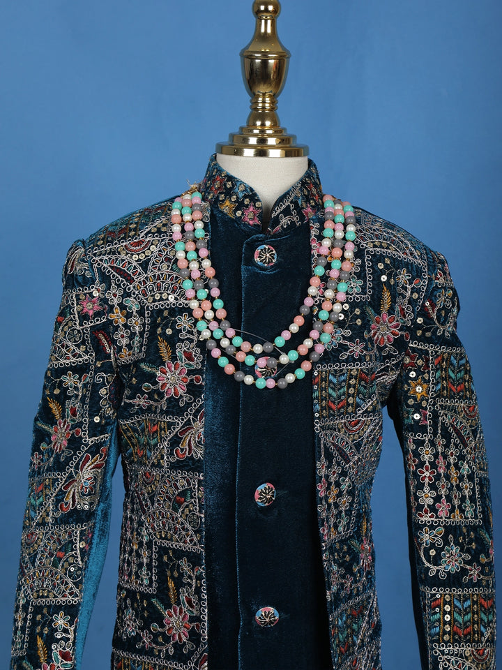 Teal Blue Velvet Floral Embroidery Sherwani And Pant Set - Diadem