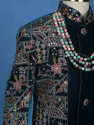 Teal Blue Velvet Floral Embroidery Sherwani And Pant Set - Diadem