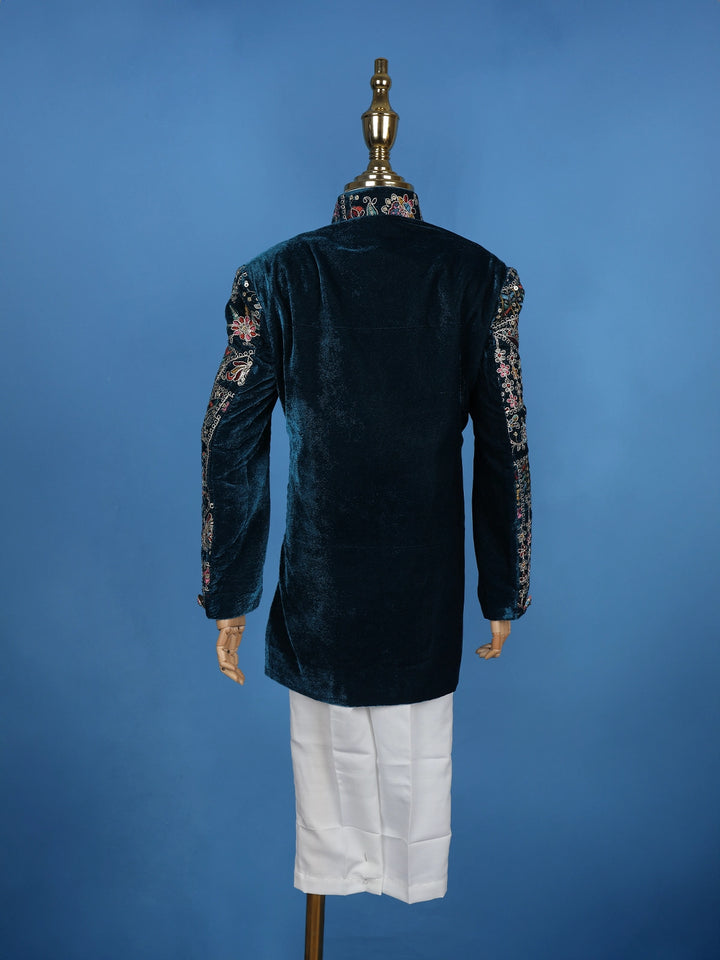Teal Blue Velvet Floral Embroidery Sherwani And Pant Set - Diadem