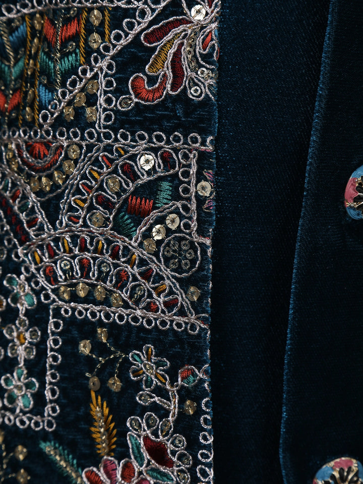 Teal Blue Velvet Floral Embroidery Sherwani And Pant Set - Diadem
