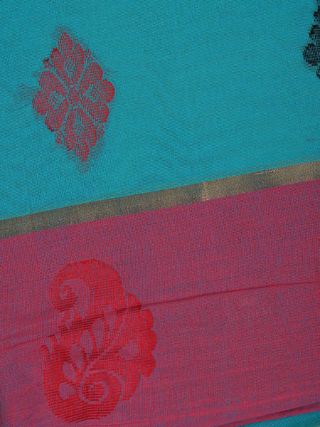 Teal Blue paisley motifs Designed Cotton Saree - Diadem