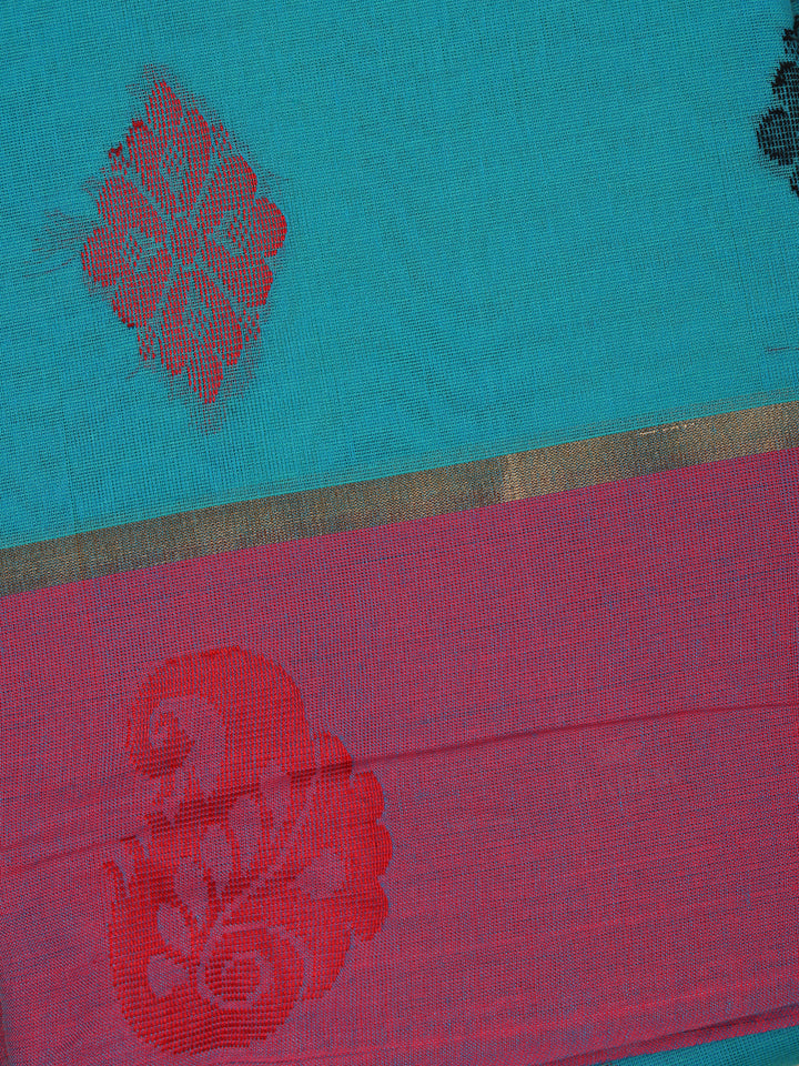 Teal Blue paisley motifs Designed Cotton Saree - Diadem