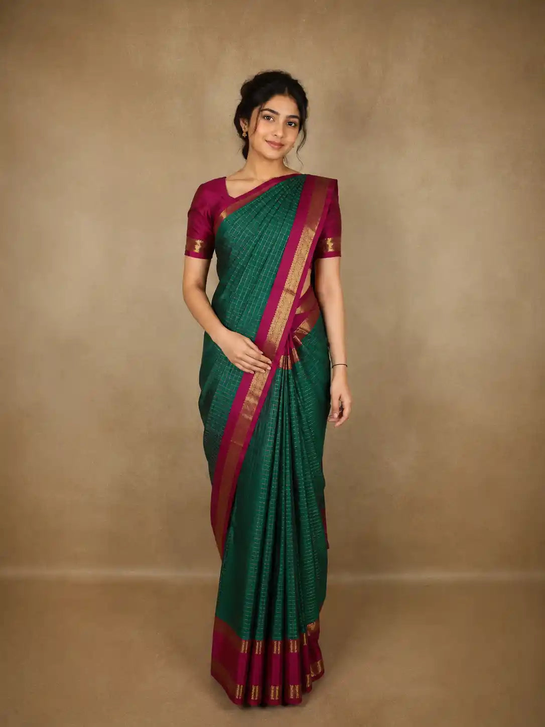 Teal Green Checks Zari Woven Design Pure Kanchipuram Silk Saree with Contrast Zari Border