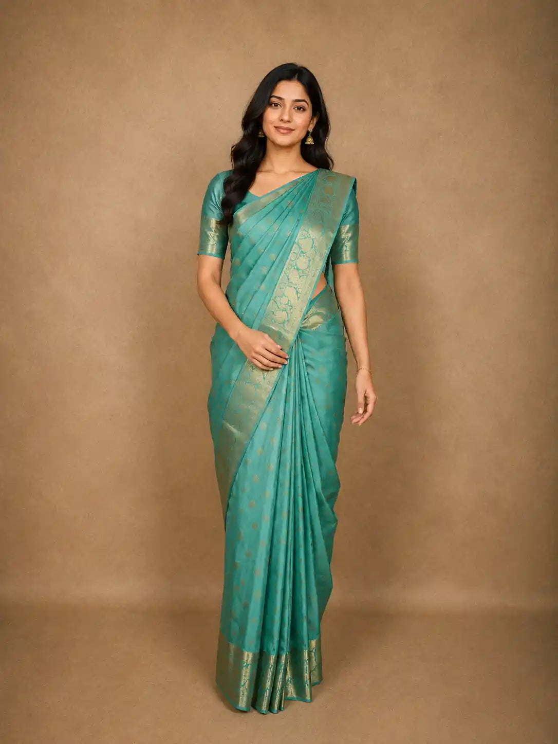 Teal Green Floral Butta Woven Design Pure Kanchipuram Silk Saree with Zari Border