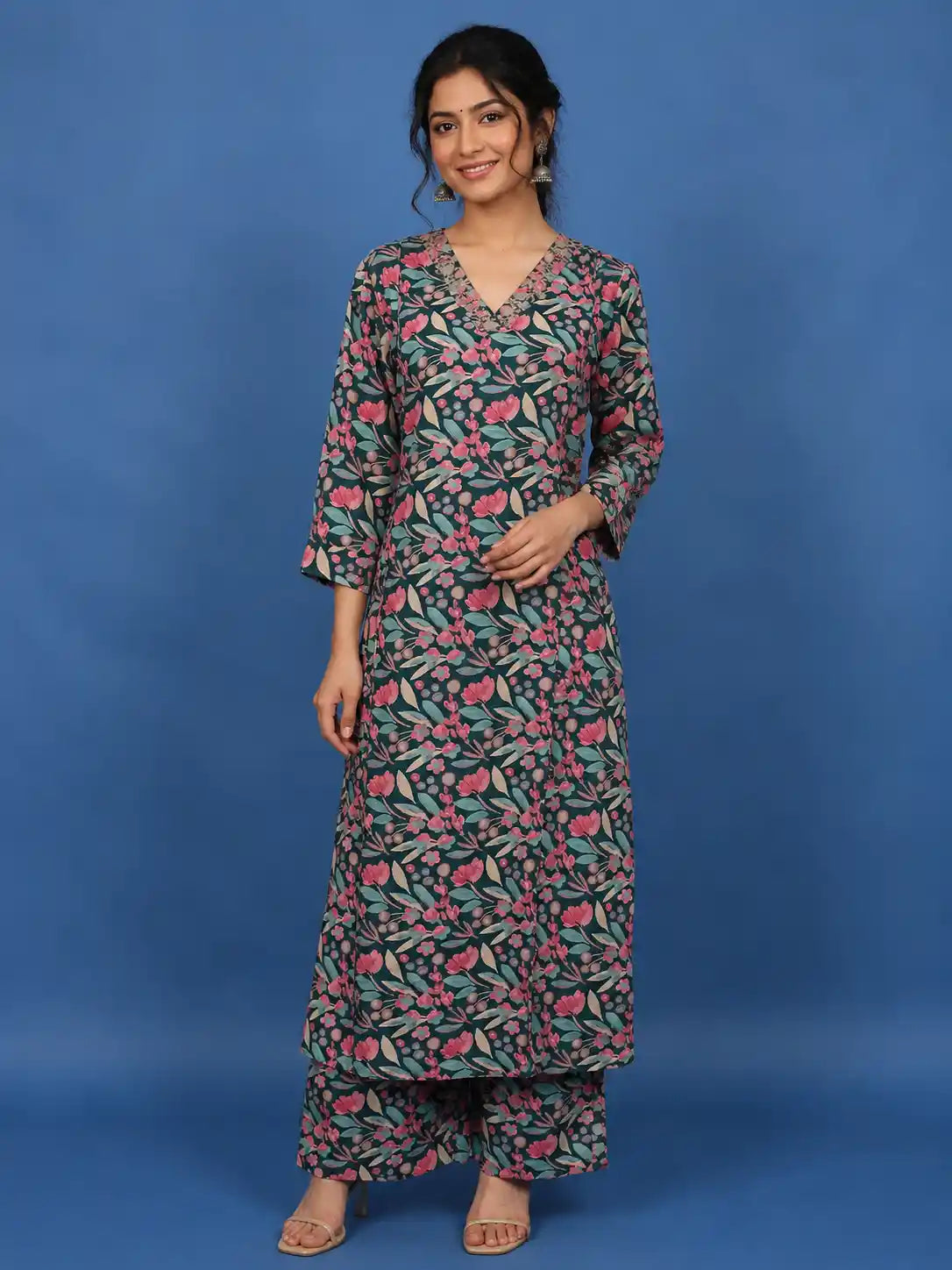 Teal Green Floral Design Chiffon Straight Cut Salwar Suit