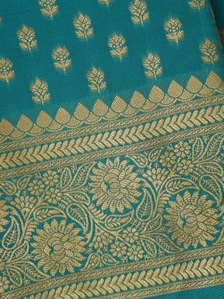 Teal Green Floral Design Silk Saree - Diadem