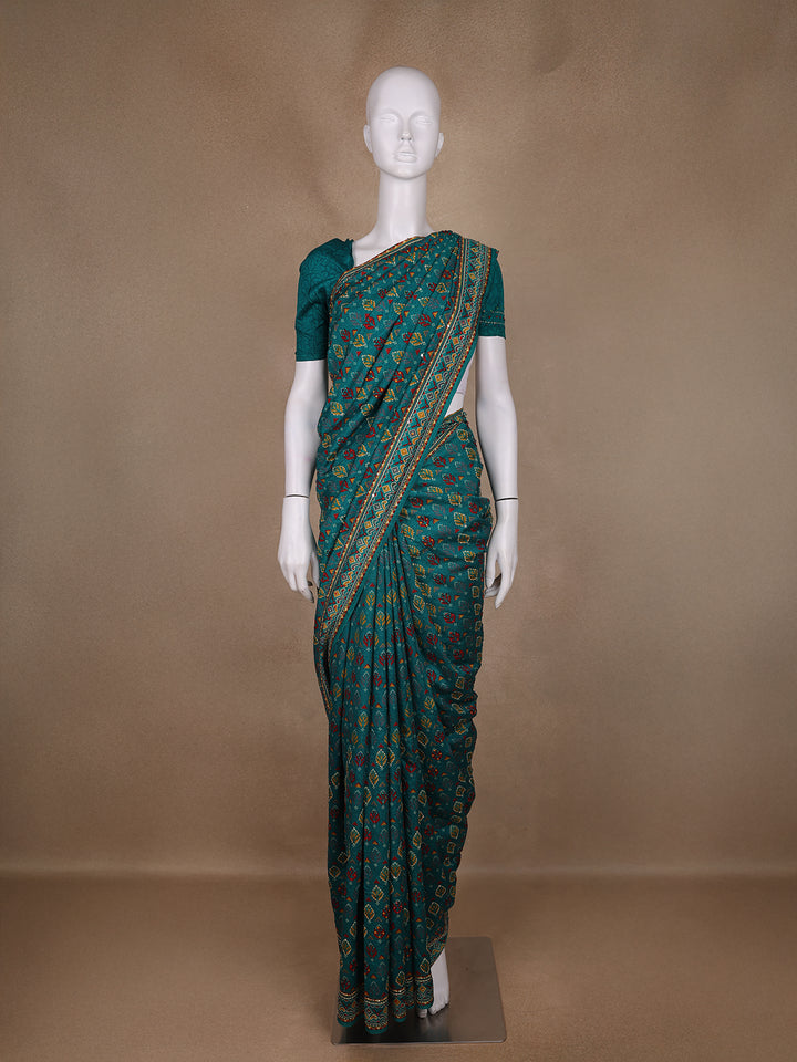 Teal Green Floral Designed Chanderi Cotton Saree - Diadem