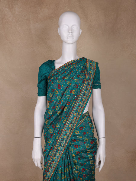 Teal Green Floral Designed Chanderi Cotton Saree - Diadem
