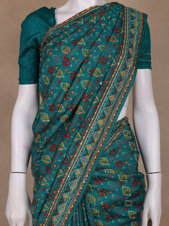 Teal Green Floral Designed Chanderi Cotton Saree - Diadem