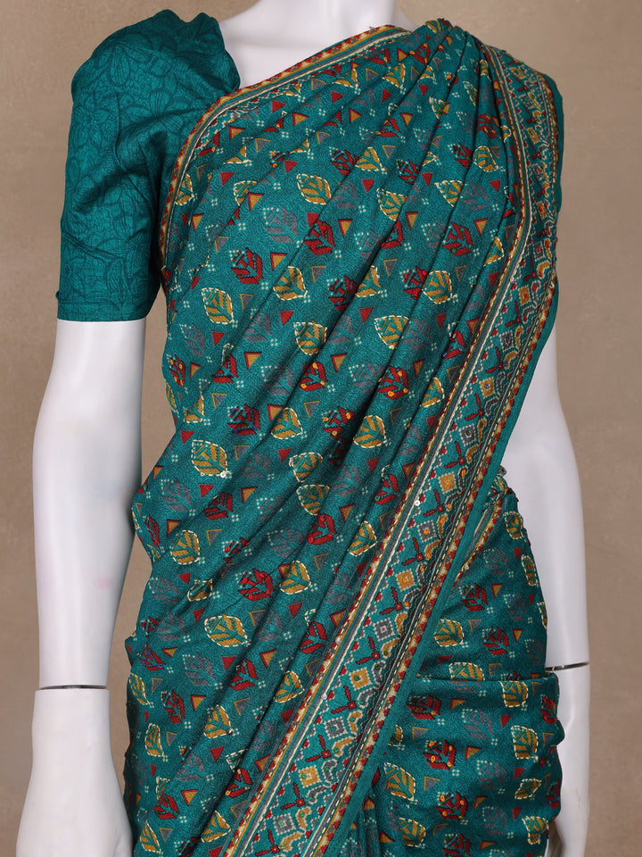 Teal Green Floral Designed Chanderi Cotton Saree - Diadem
