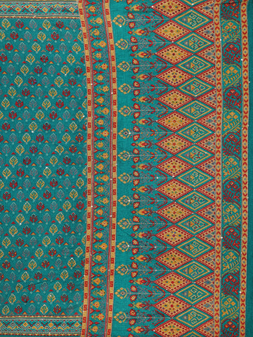 Teal Green Floral Designed Chanderi Cotton Saree - Diadem
