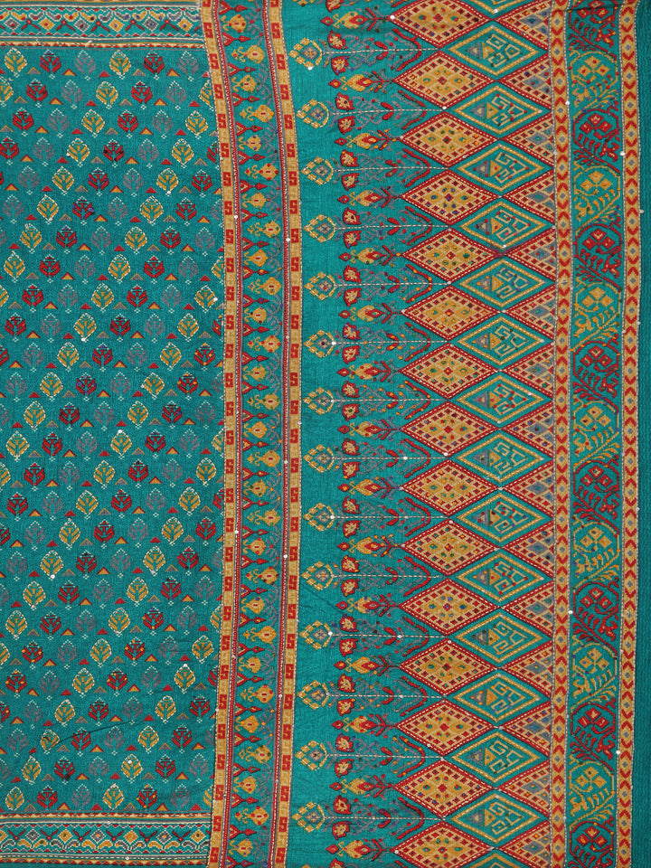 Teal Green Floral Designed Chanderi Cotton Saree - Diadem