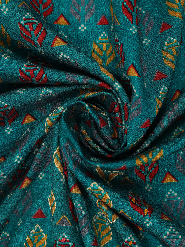 Teal Green Floral Designed Chanderi Cotton Saree - Diadem